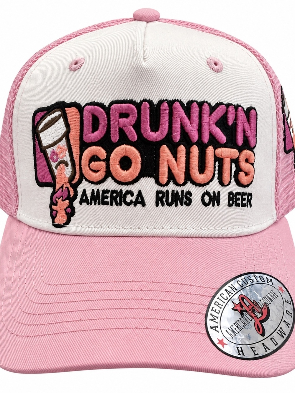 Drunkin Go Nuts pink and white trucker hat